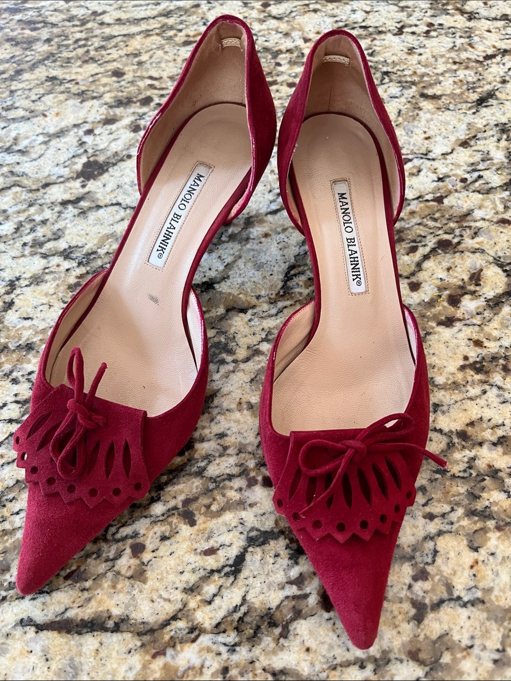 Manolo Blahnik Red Suede Pointed D'Orsay Flats with Bow Detail